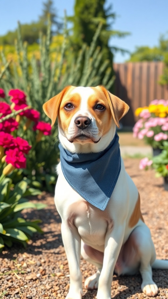 A dog wearing a blue bandana sitting in a garden with colorful flowers.
