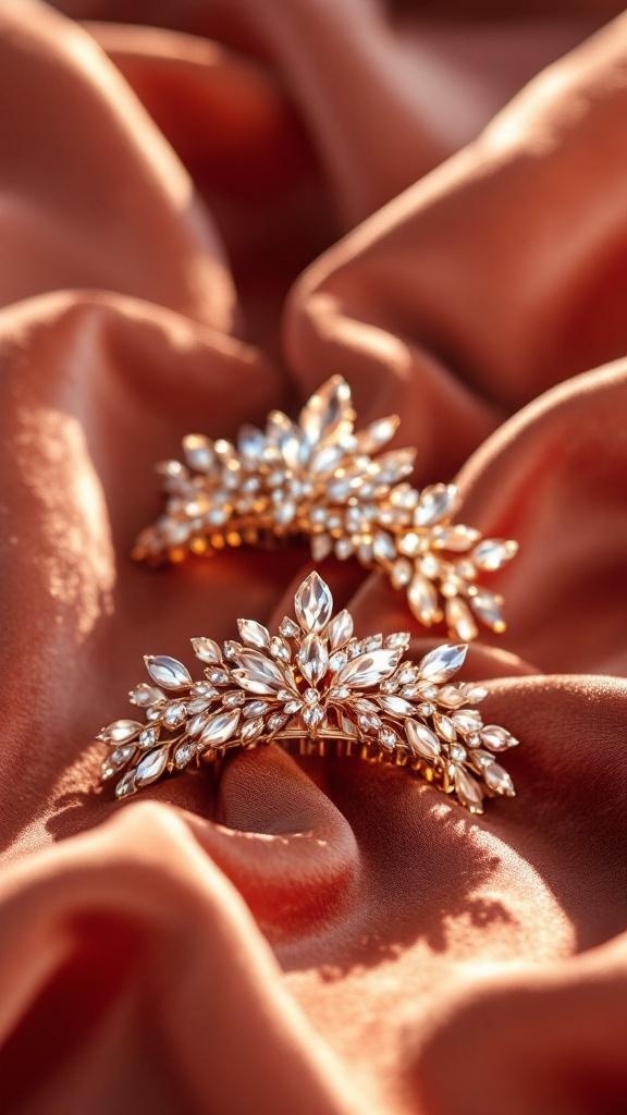 Luxury hair clips with gemstone accents on a soft fabric background.