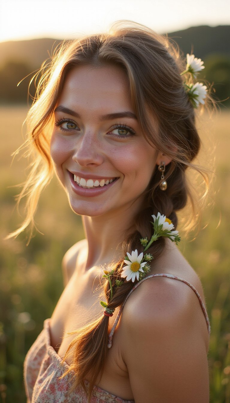 Messy Boho Side Braid With Fresh Flowers