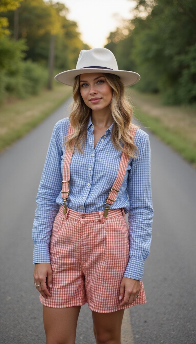 Gingham Shirt with Suspender Accents