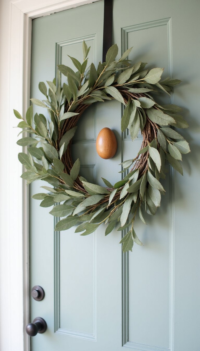 Minimal greenery with carved wooden egg accent