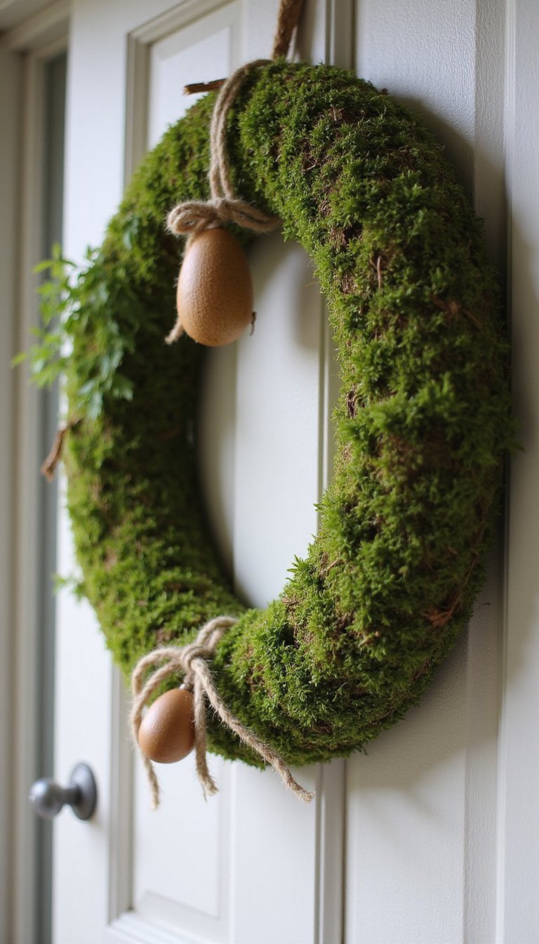 Moss base with tiny wooden eggs and twine