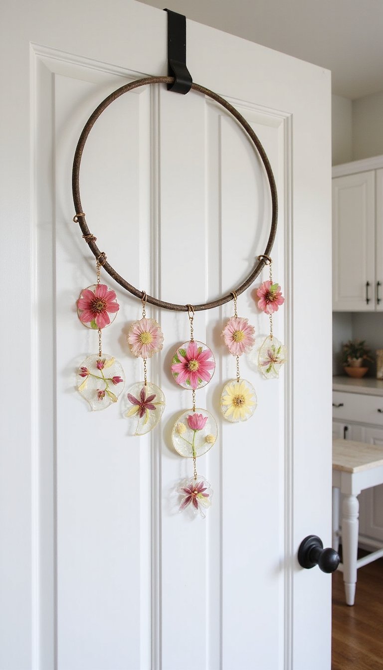 Pressed flower resin discs on a hoop