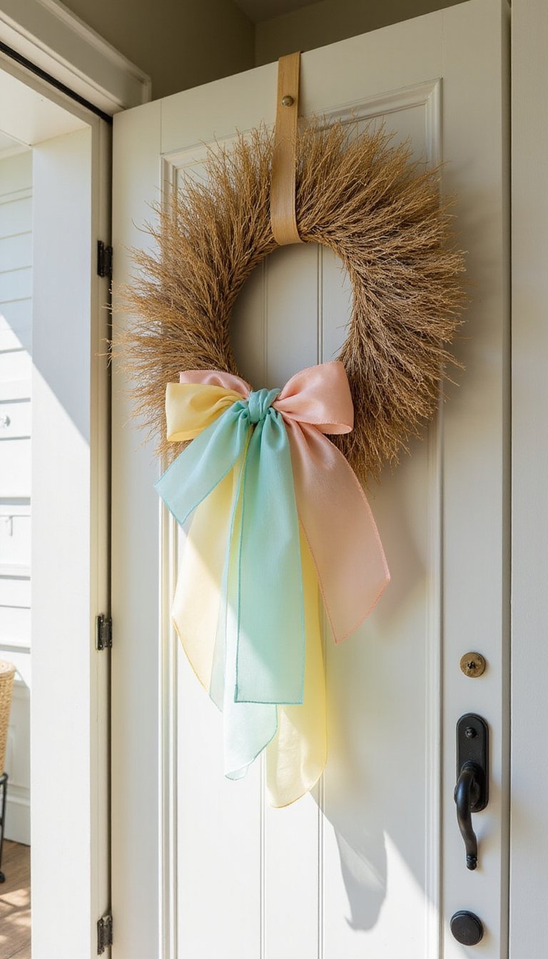 Sun-bleached straw wreath with pastel ribbon loops