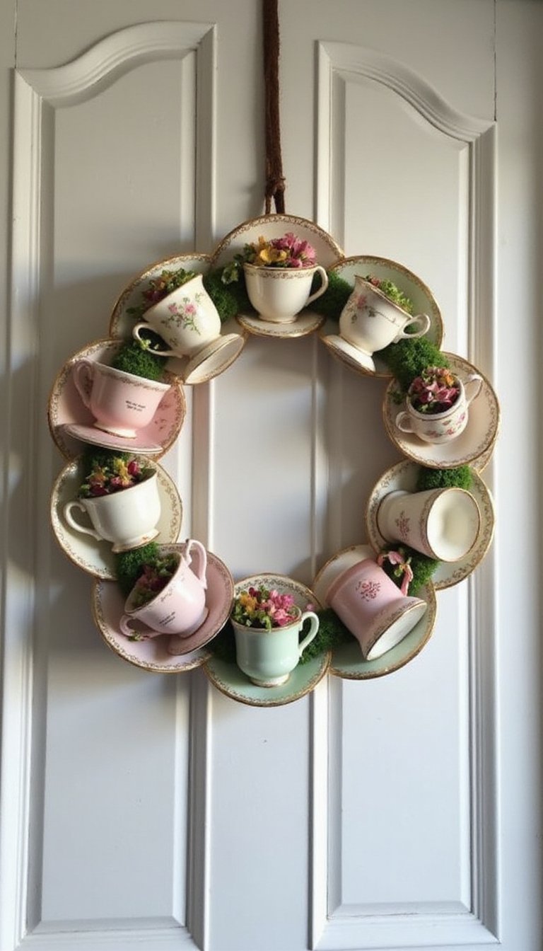 Vintage teacup and saucer wreath — quirky charm