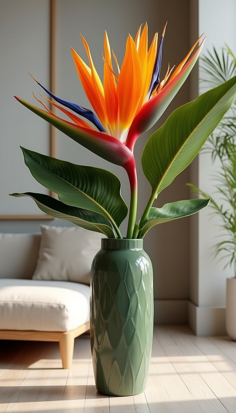 Bold tropical blooms in a tall vase statement