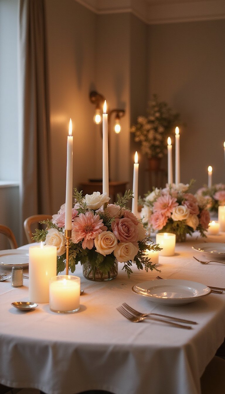 Candles and flowers: soft evening centerpiece idea