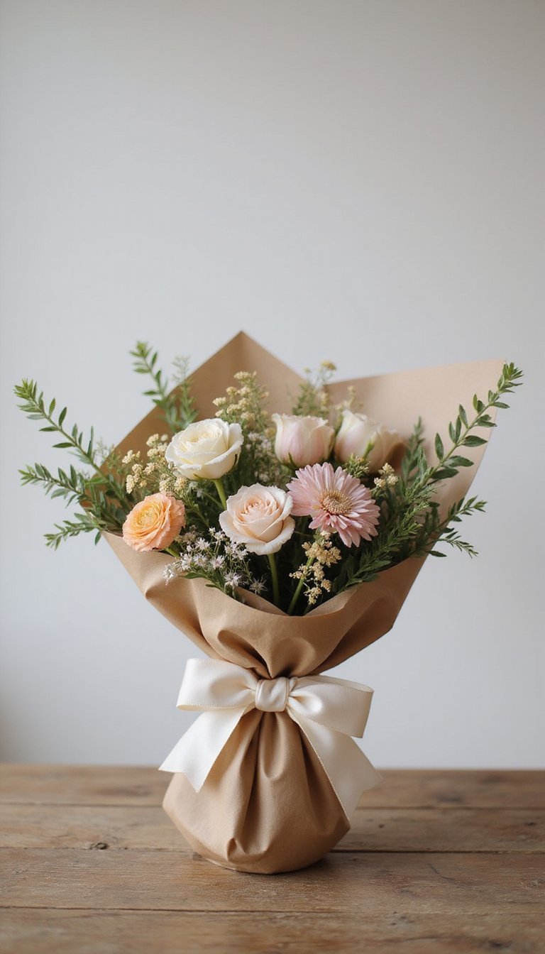 Kraft-wrapped hand-tied bouquet with ribbon bow