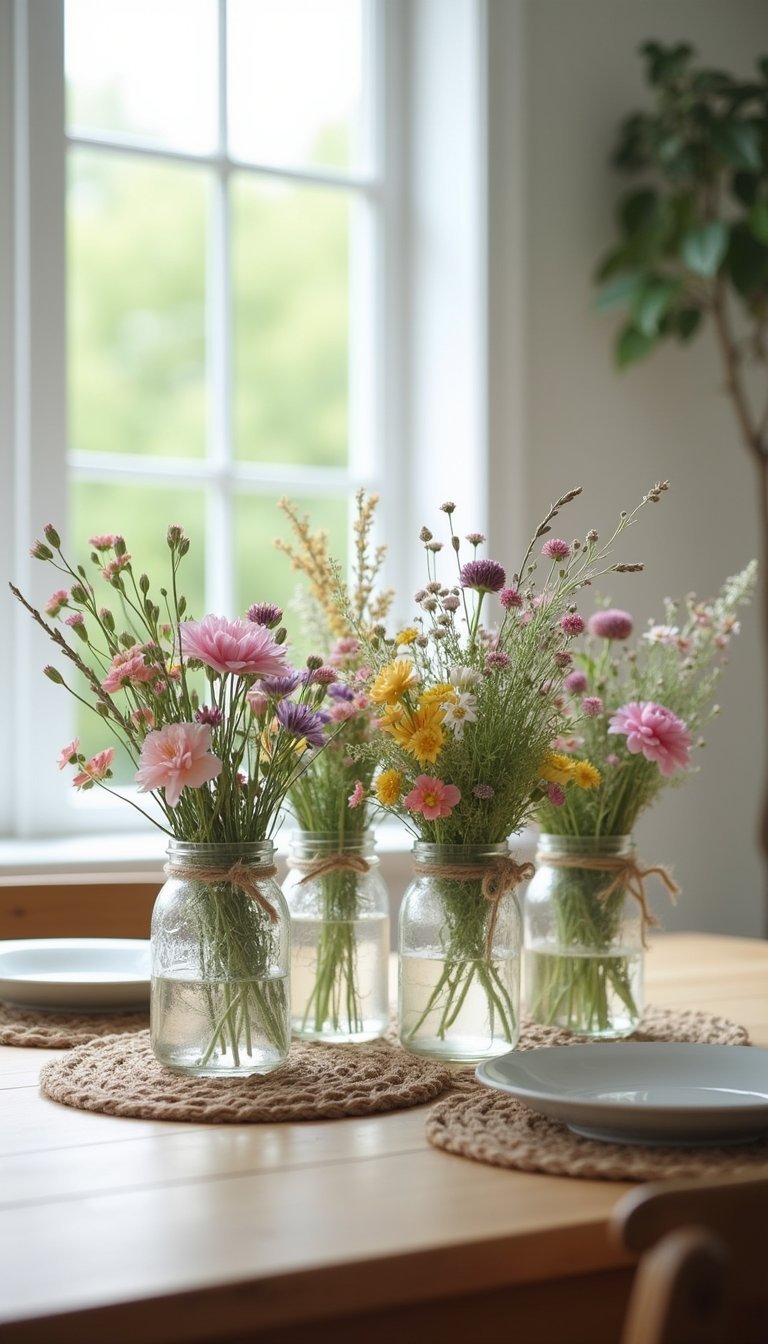 Mason jar wildflower bouquet for casual tables