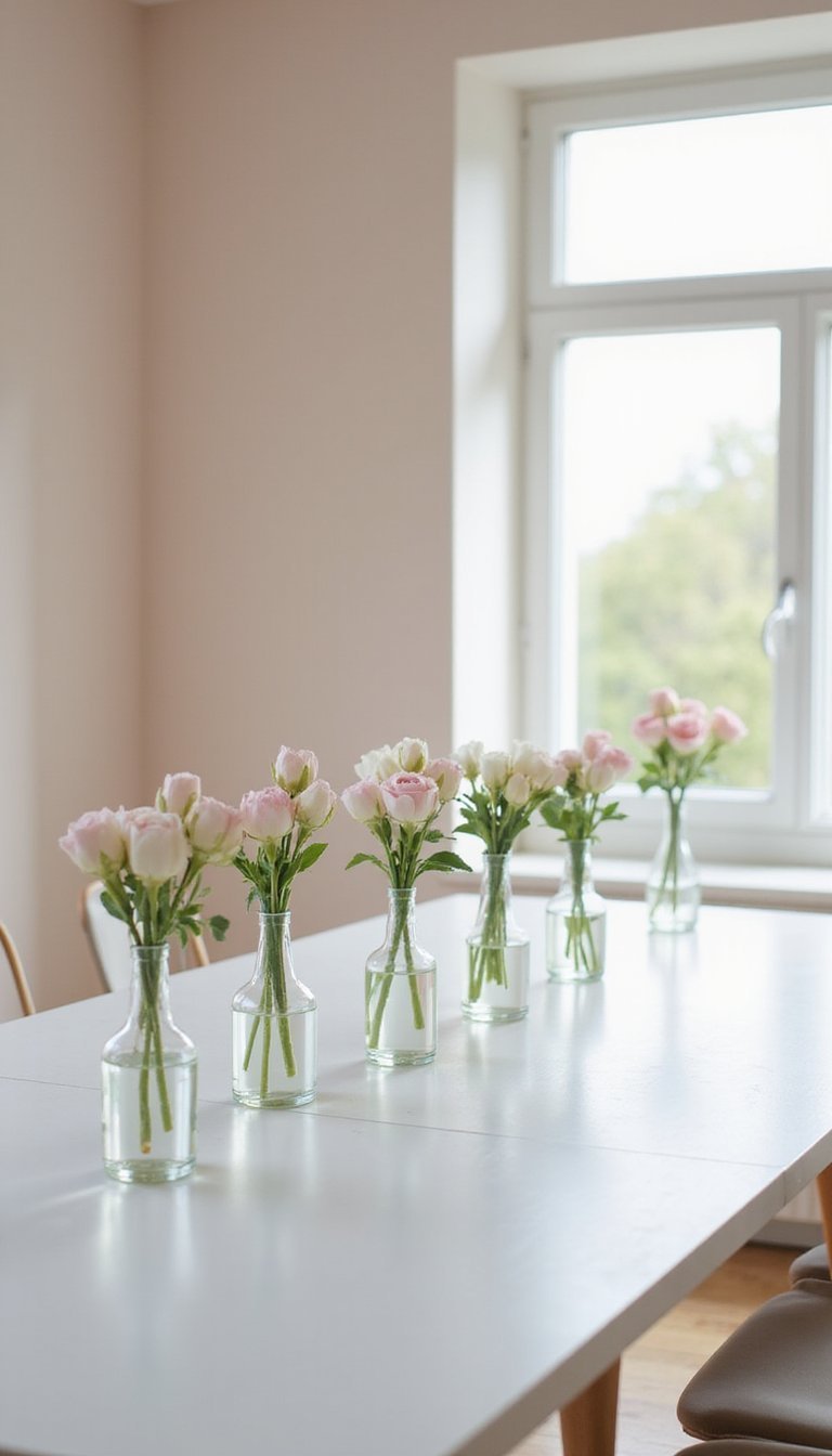 Row of mini bud vases down the table