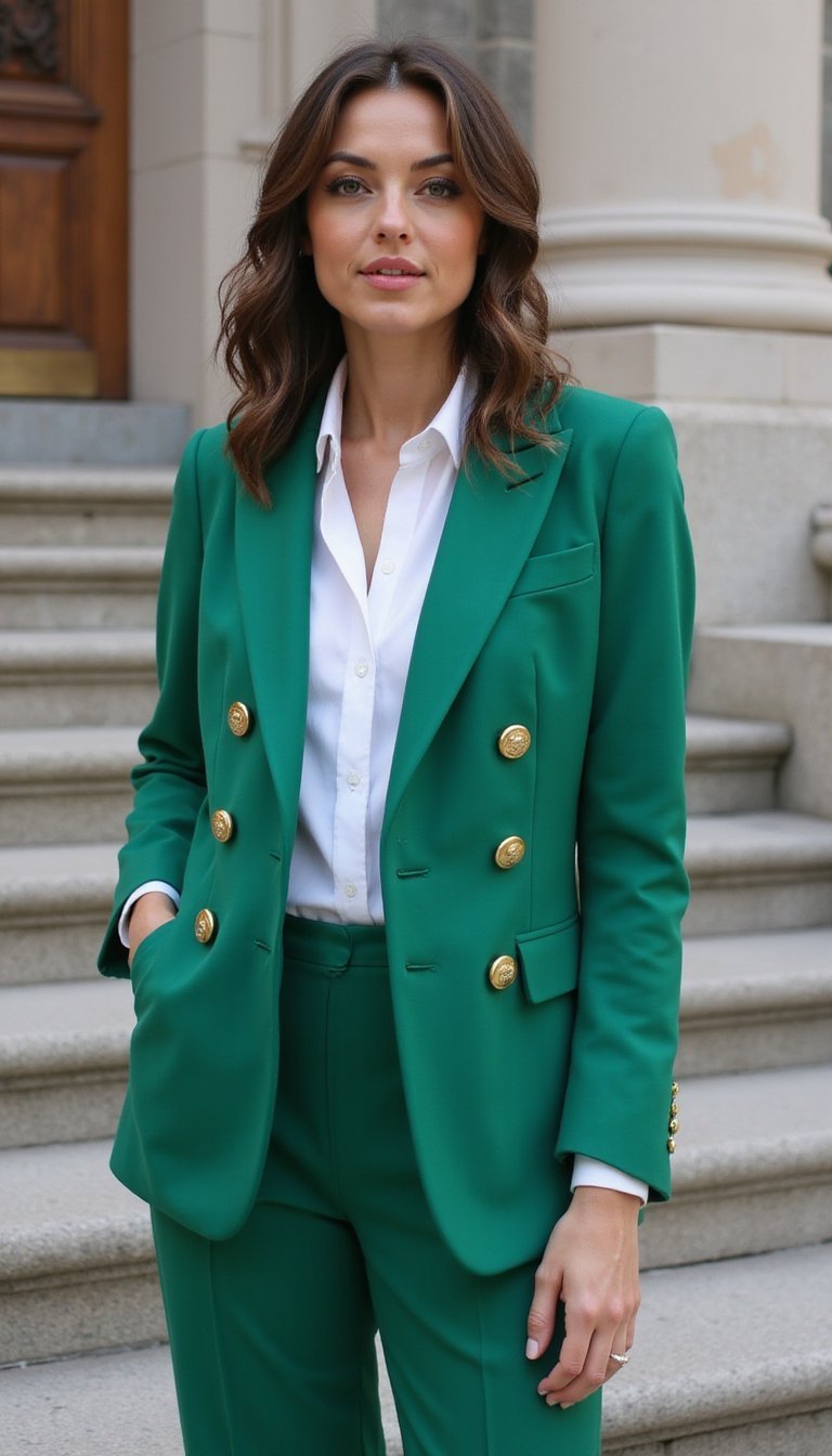 Gold-Trimmed Green Blazer Set
