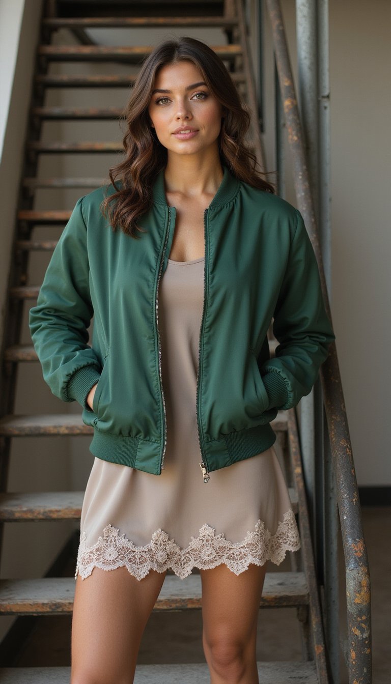 Green Bomber with Lace Trim