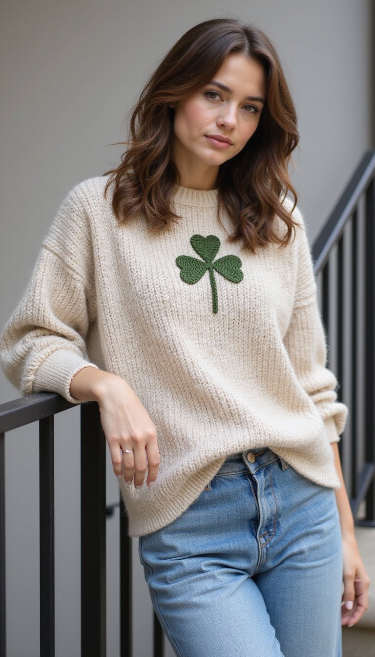 Knit Sweater with Clover Embroidery