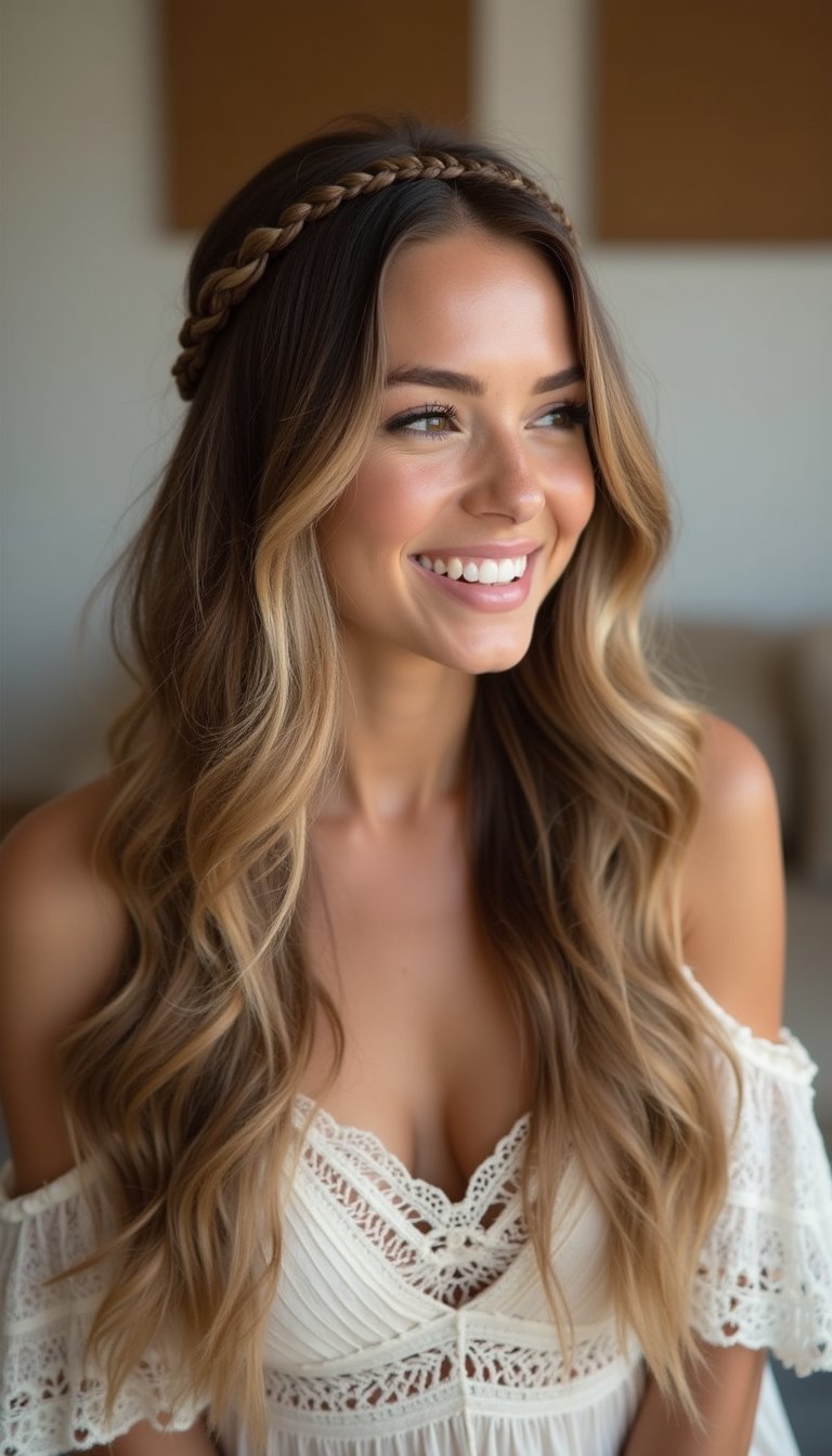 Half Up Braided Halo With Face-Framing Strands