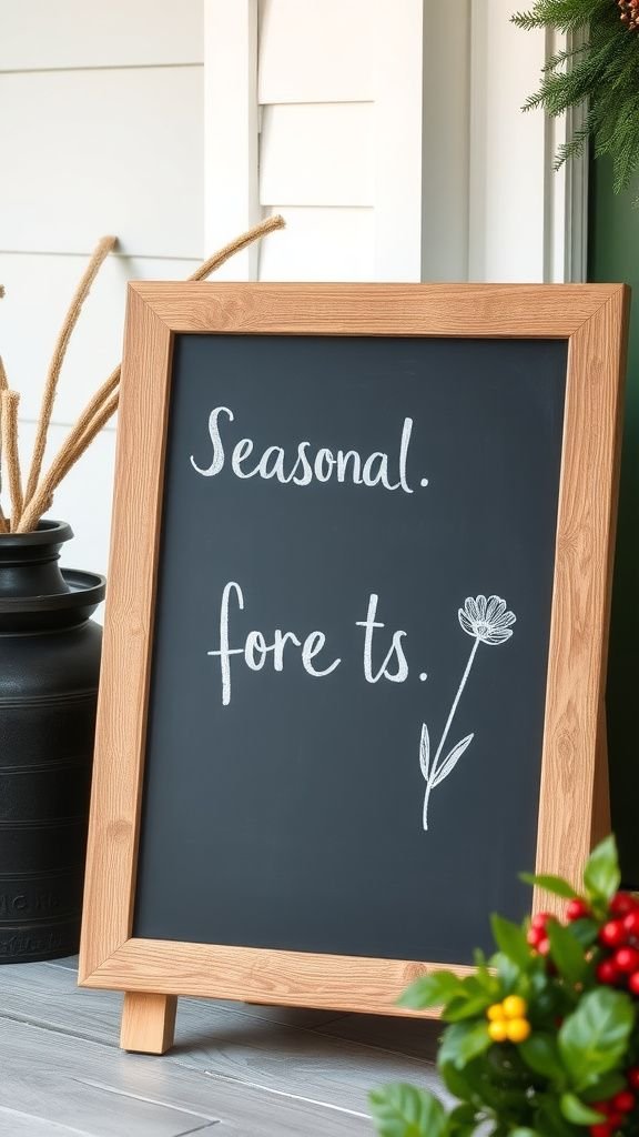 A chalkboard sign with seasonal handwritten notes