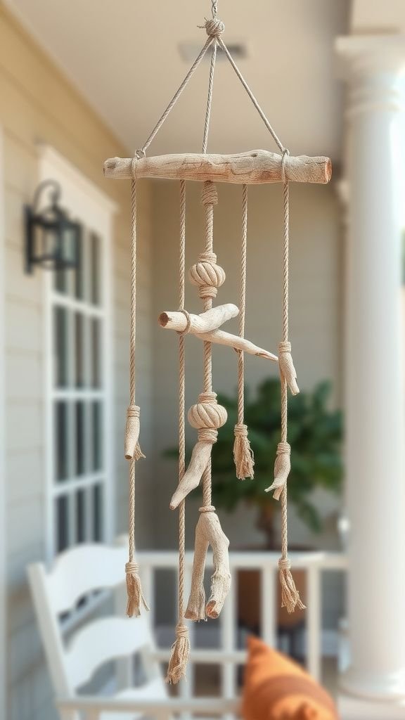 A rope-and-driftwood mobile for seaside porches
