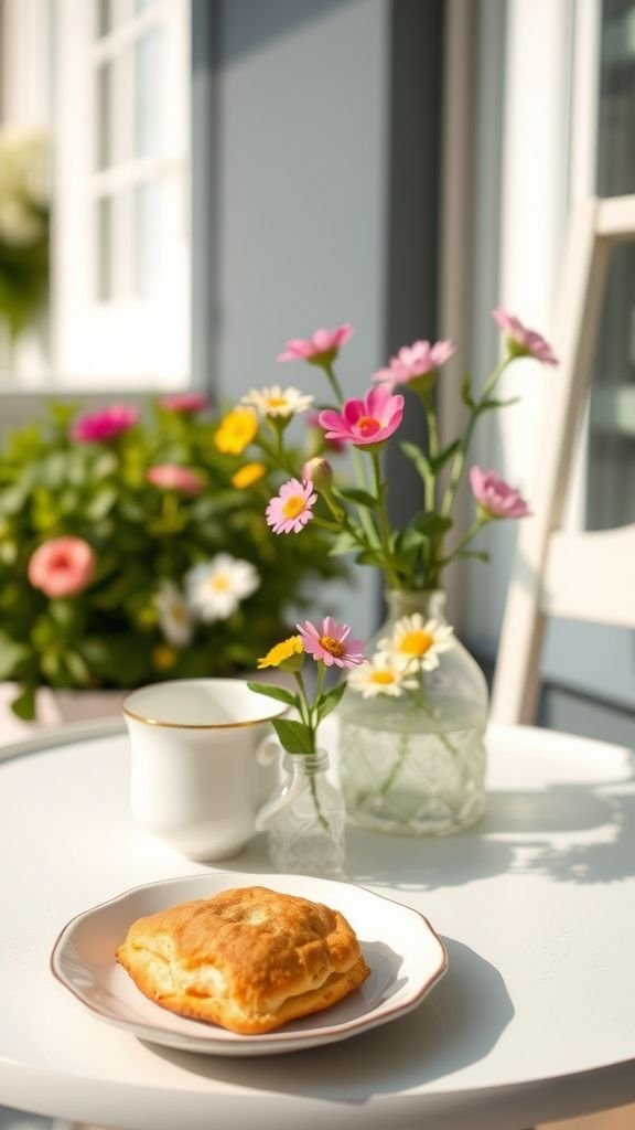 A spring tea-party vignette on a side table