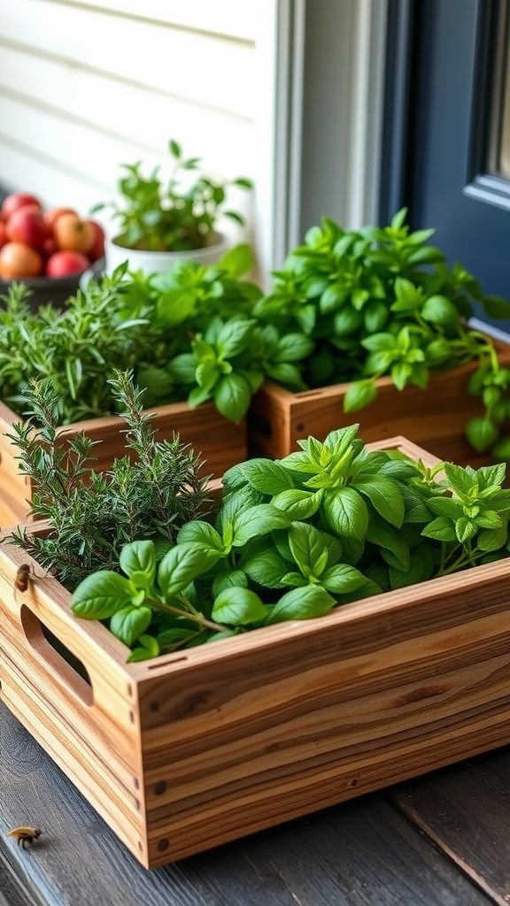 Herb-filled rustic crates near the welcome mat