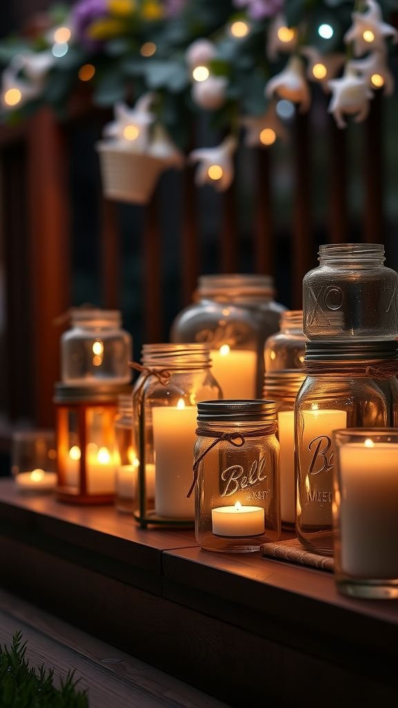 Mason jar lanterns with twine and candles