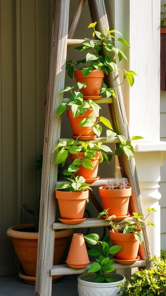 Repurposed ladder as layered plant display
