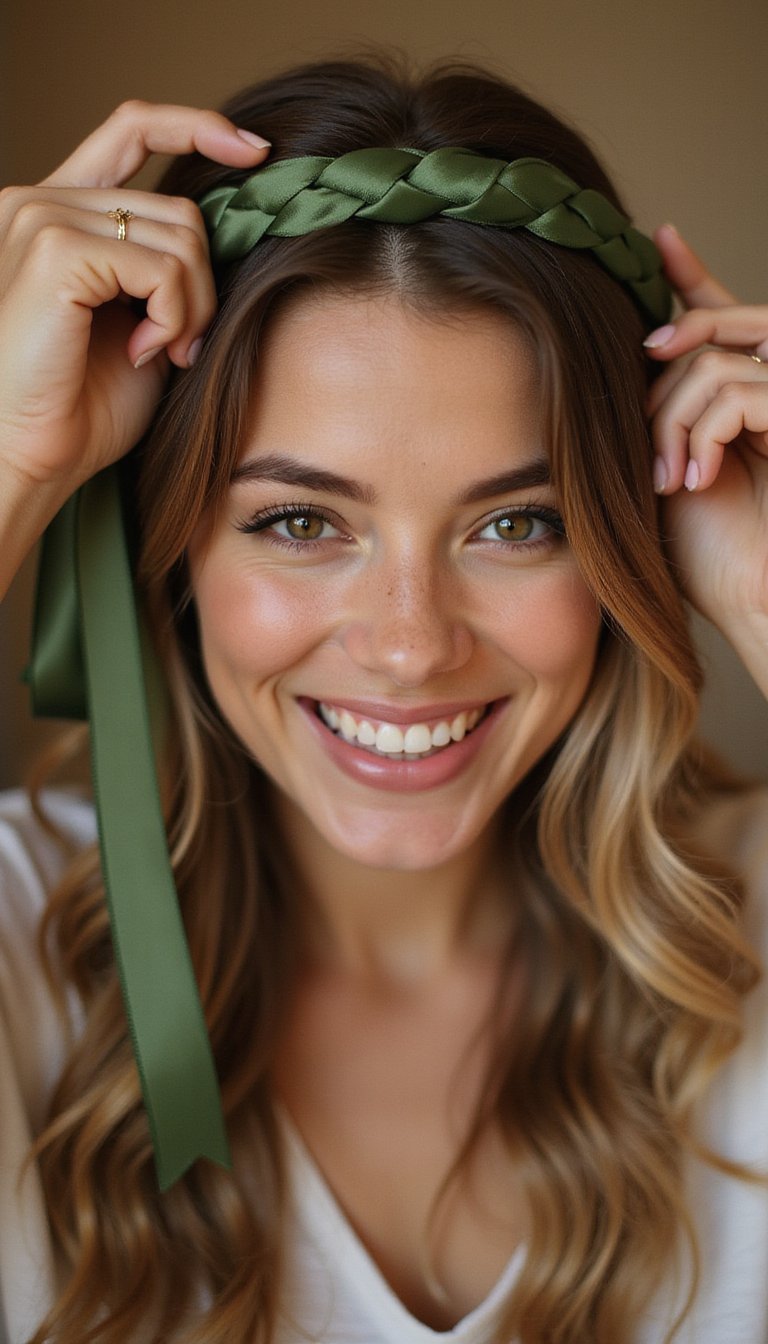 Braided Crown With Green Satin Ribbon Weave