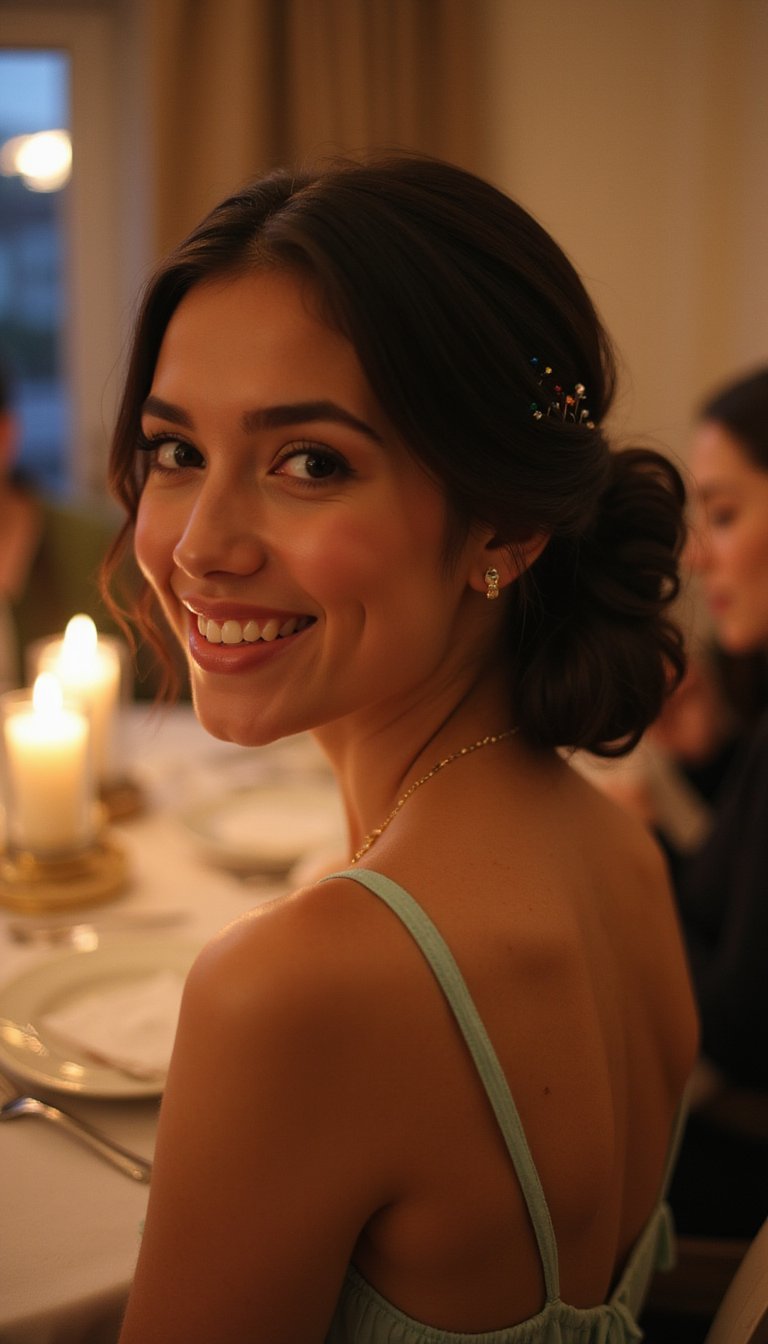 Knotty Bun With Tiny Gold And Green Pins