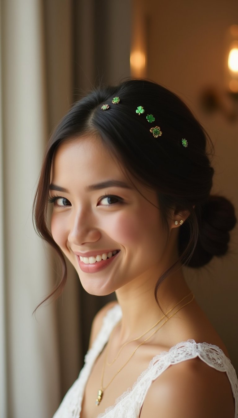 Low Chignon With Tiny Shamrock Pin Touch