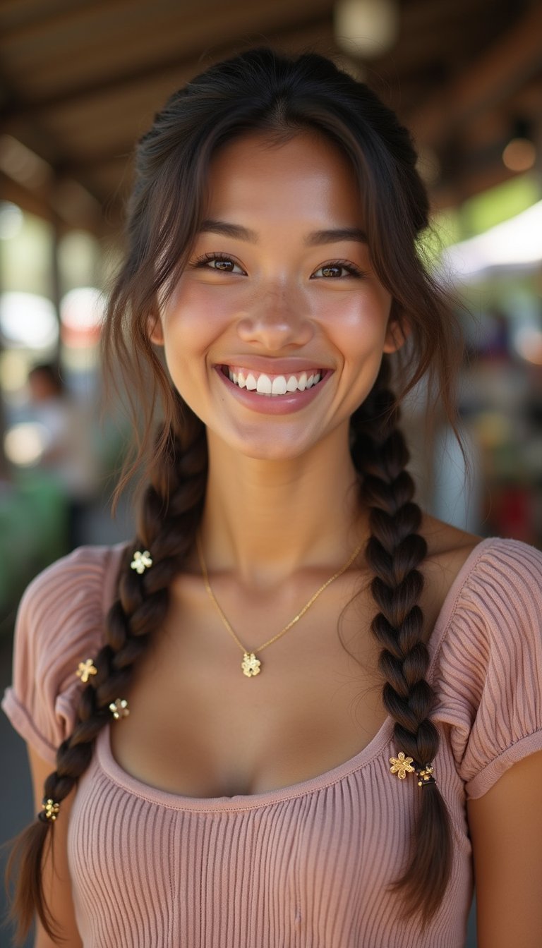 Low Twisted Braids Finished With Clover Charms