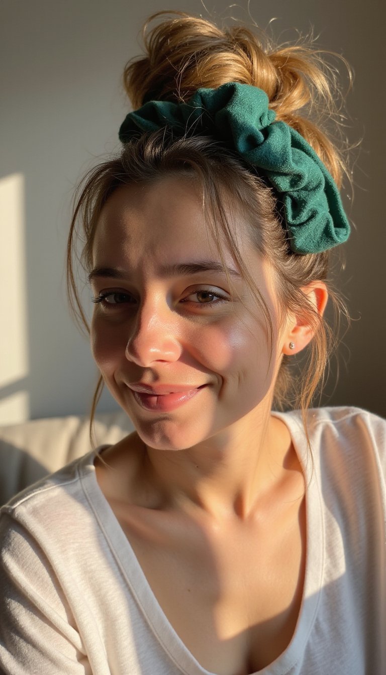 Messy Topknot With Emerald Scrunchie Accent