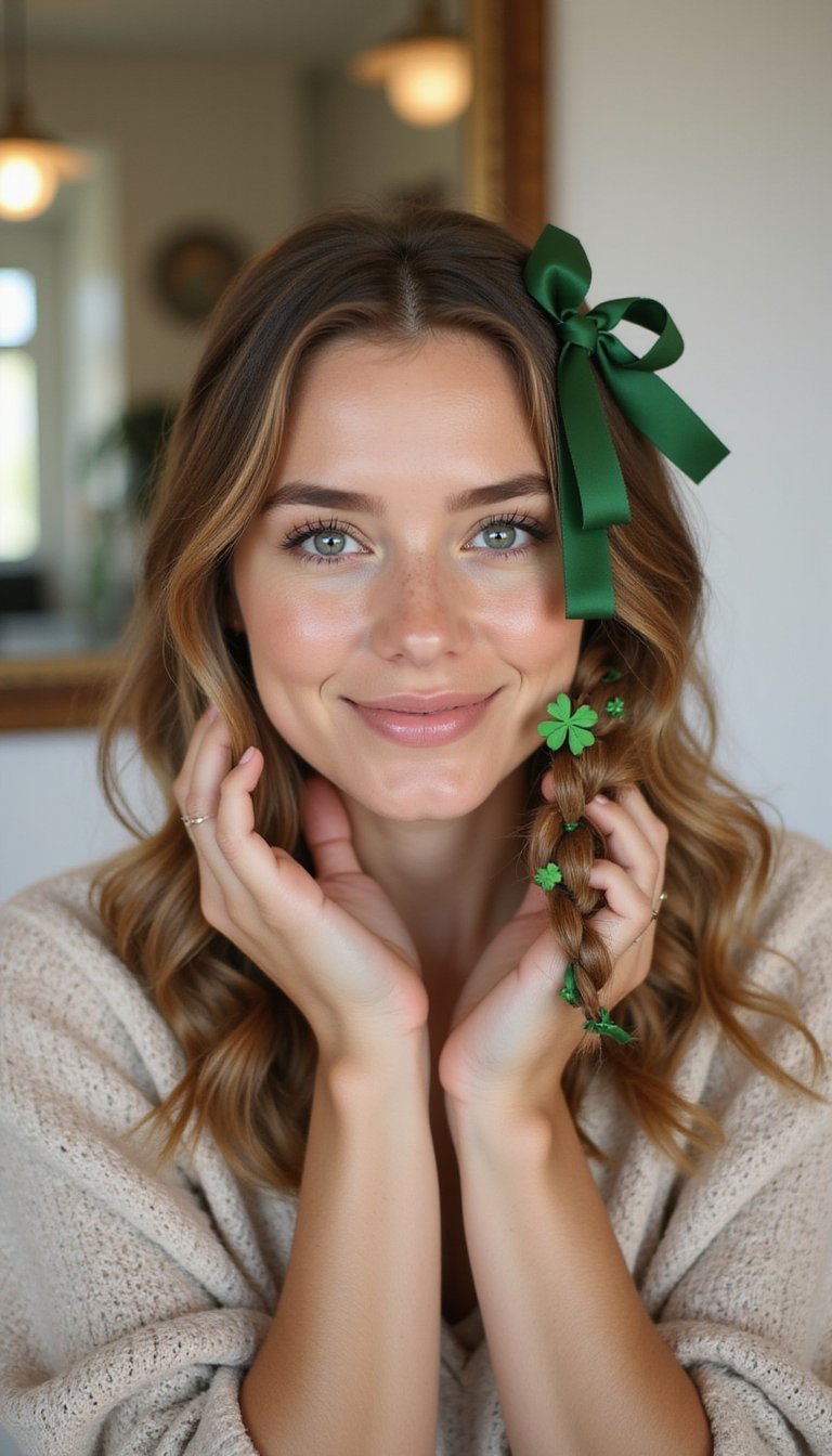 Shamrock Ribbon Braids With Playful Clover Charm