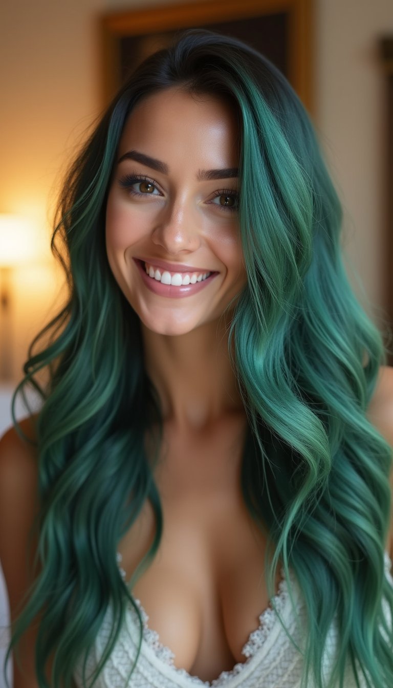 Side Swept Waves With Subtle Emerald Root Tint