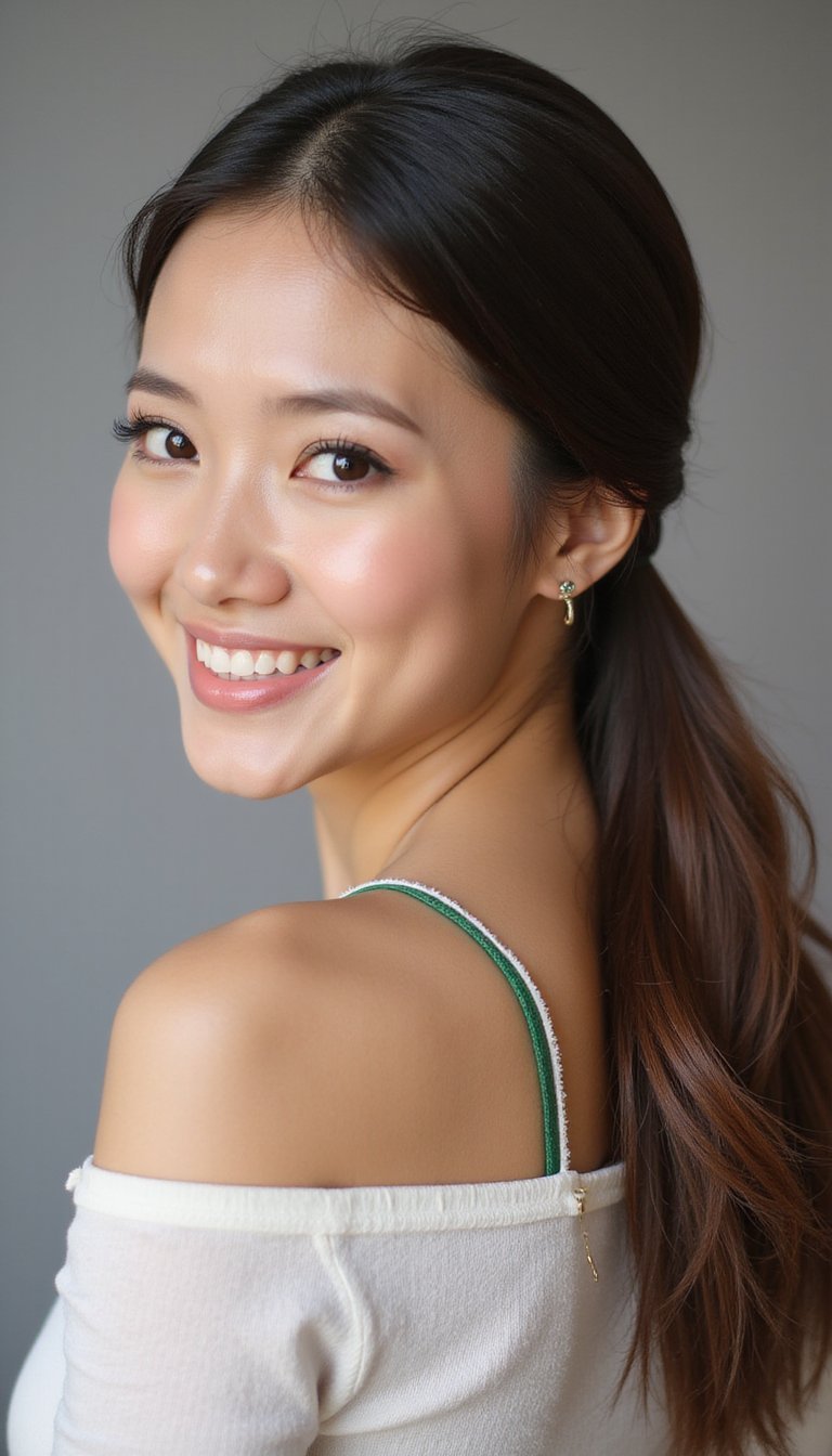 Sleek Low Pony With Thin Green Wrap Detail